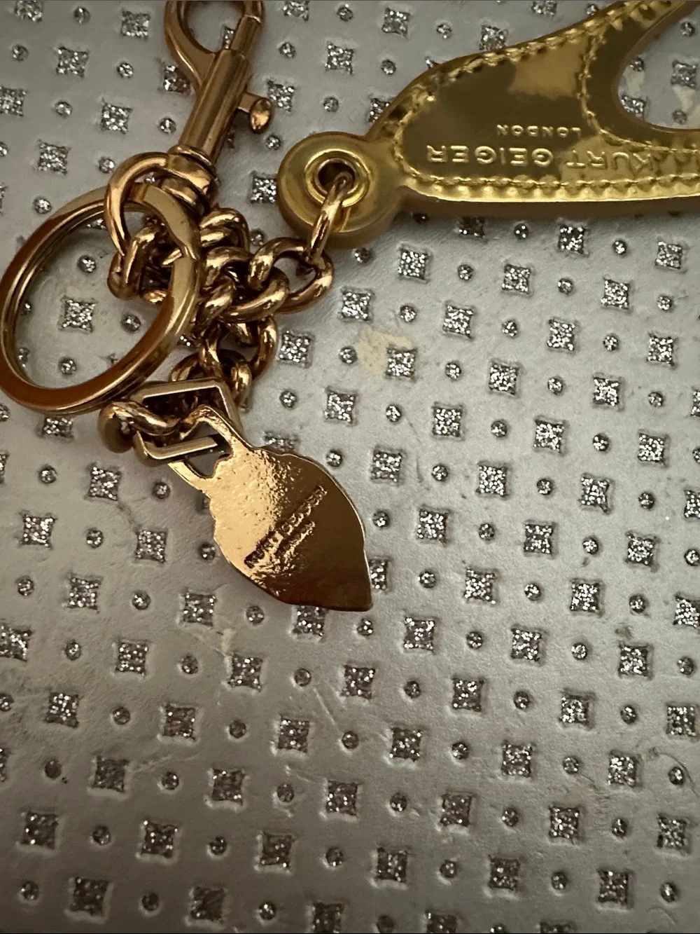 Kurt Geiger Gold High Heel Shoe Keyring with Charm EUC